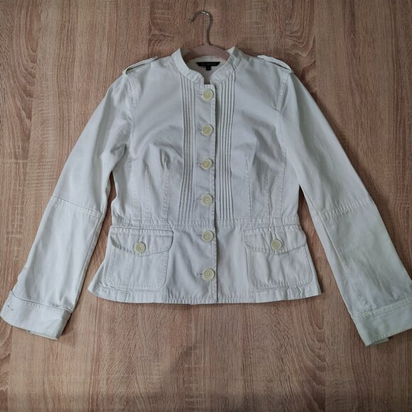Tara Jarmon Womens White Cotton Military Style Jacket Sz 44 (M) Mandarin Collar - Picture 2 of 15